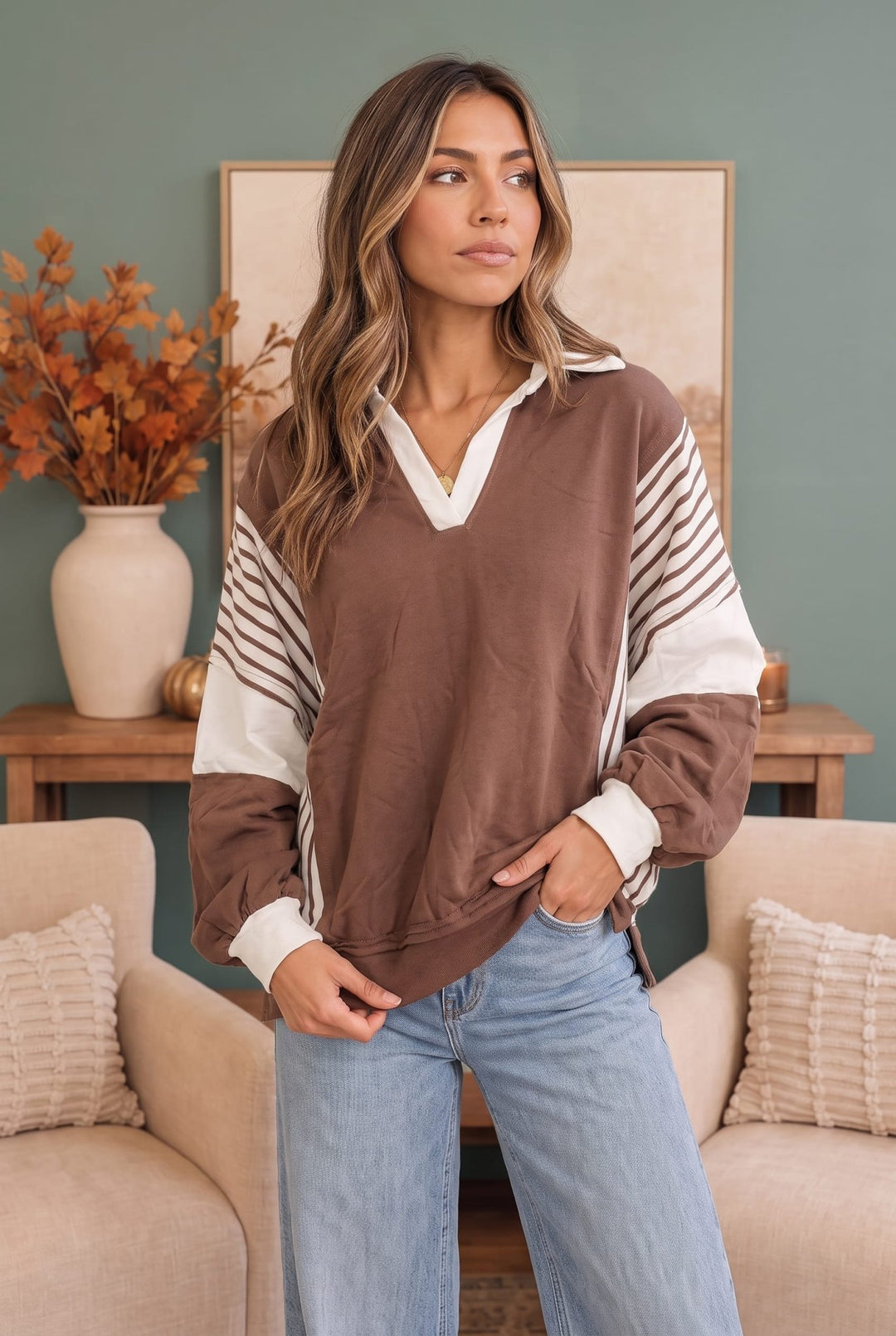 Back to School Color Block Pullover in Mocha - Nikki &amp; Co. Boutique