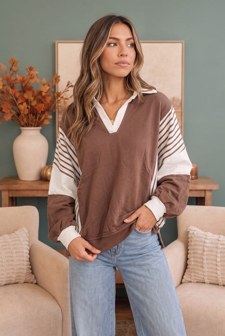 Back to School Color Block Pullover in Mocha - Nikki &amp; Co. Boutique