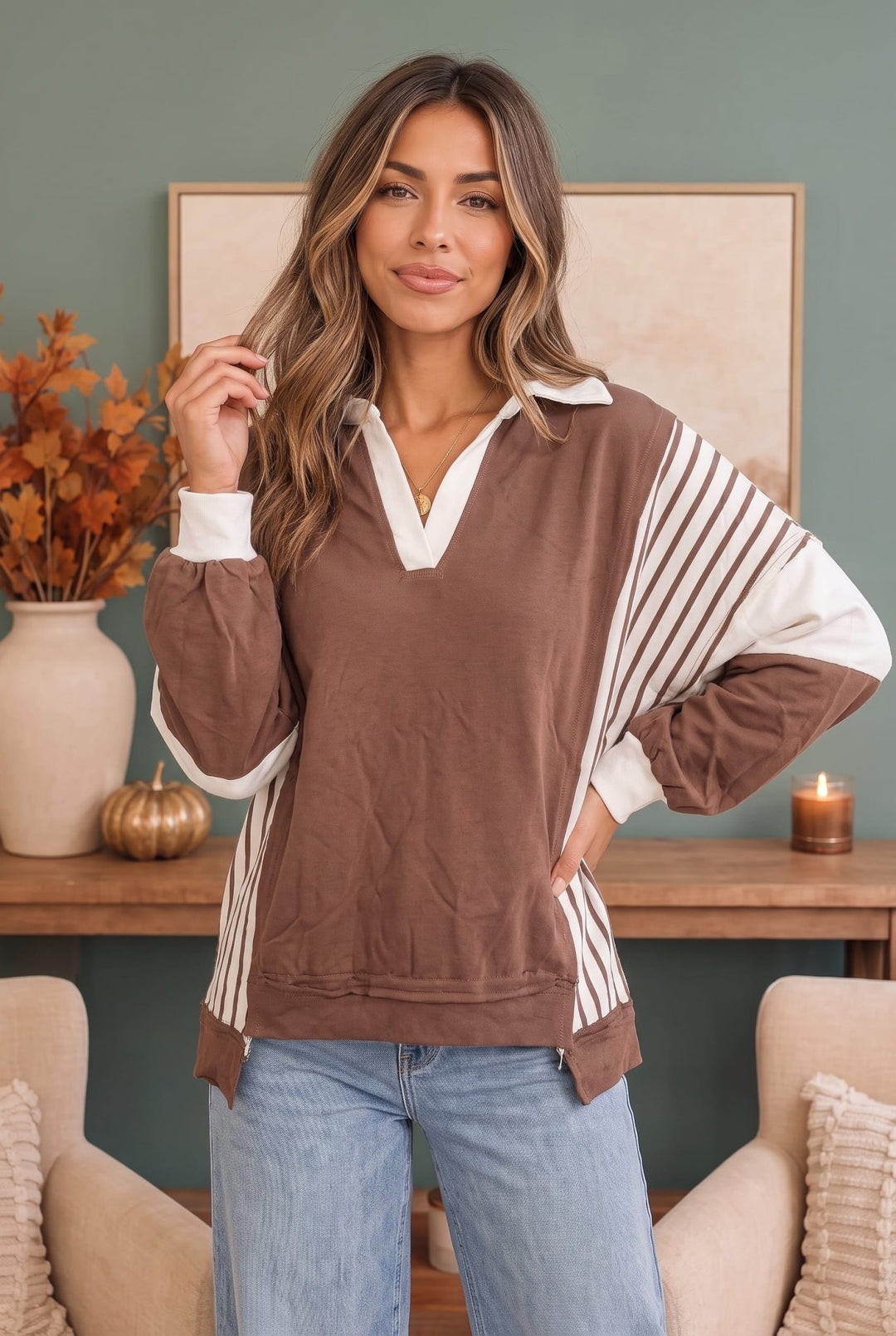 Back to School Color Block Pullover in Mocha - Nikki &amp; Co. Boutique