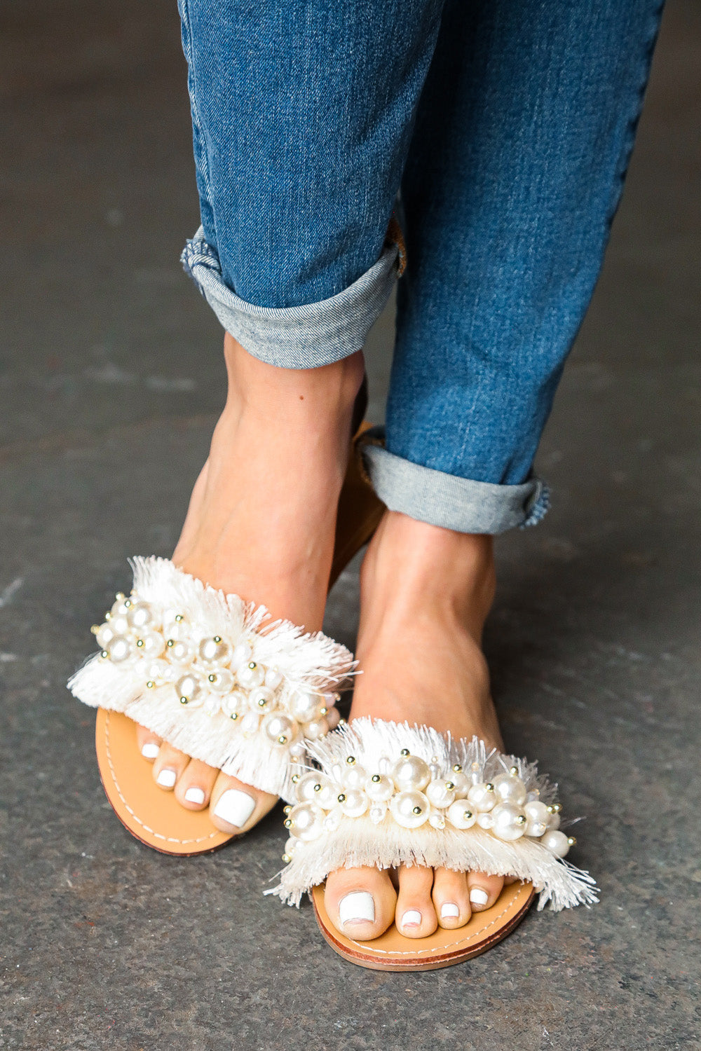 Ivory Linen Fray Beaded Faux Pearl Slide Sandal | Nikki & Co. Boutique