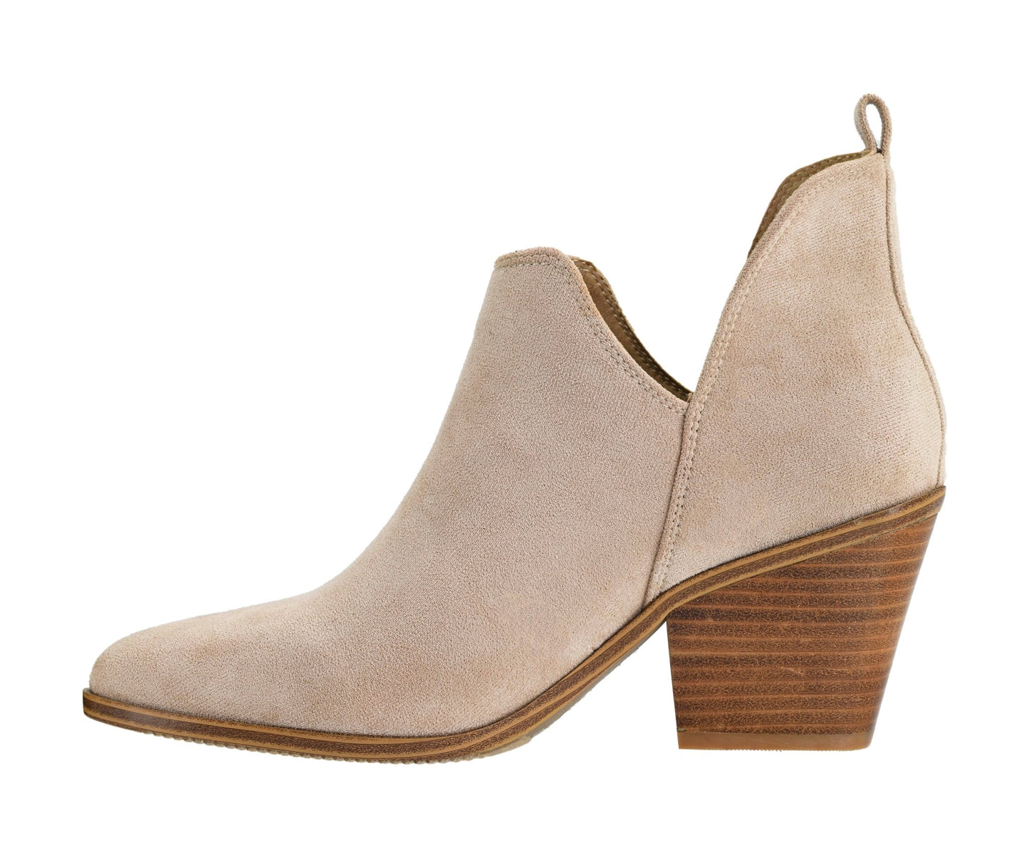 Beige ankle boot with a wooden heel on a white background