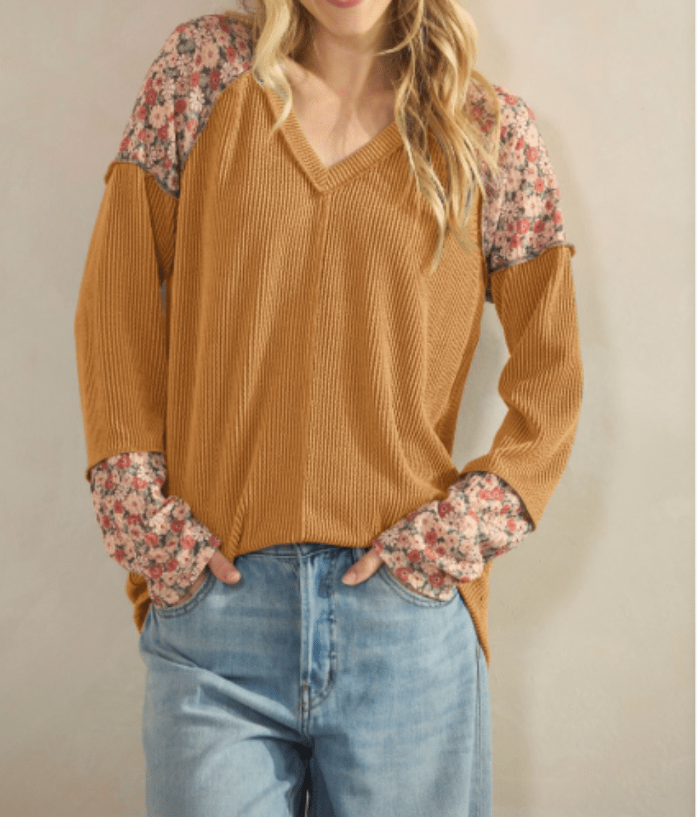 Heimish - Mustard, Long Sleeve Top with Floral Accents (NP) - Nikki &amp; Co. Boutique