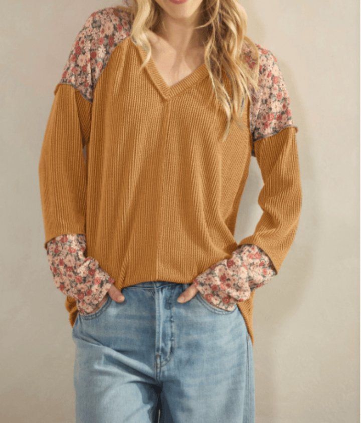 Heimish - Mustard, Long Sleeve Top with Floral Accents (NP) - Nikki &amp; Co. Boutique