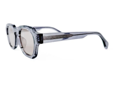 Clear frame sunglasses with reflective lenses on a white background
