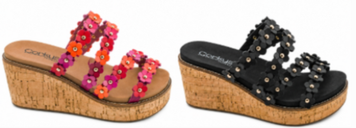 Two pairs of wedge sandals with floral and studded design on cork soles.