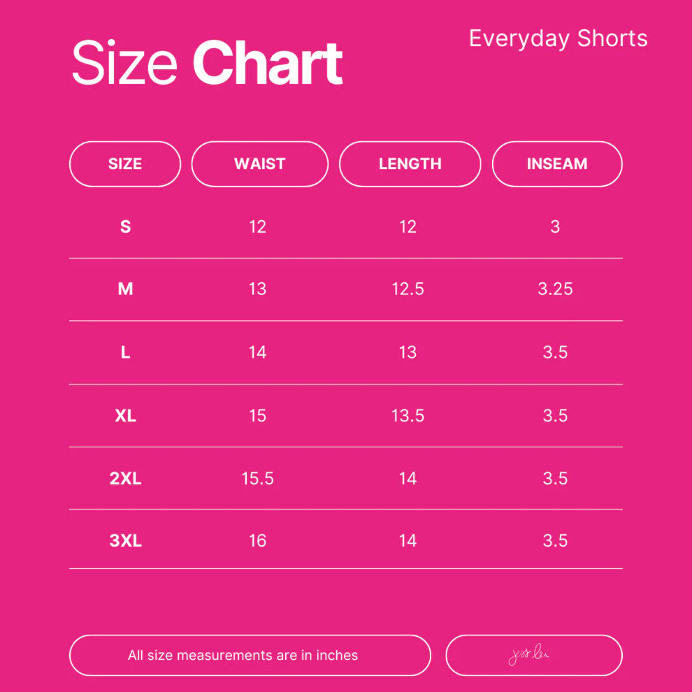 Size chart for everyday shorts on a pink background