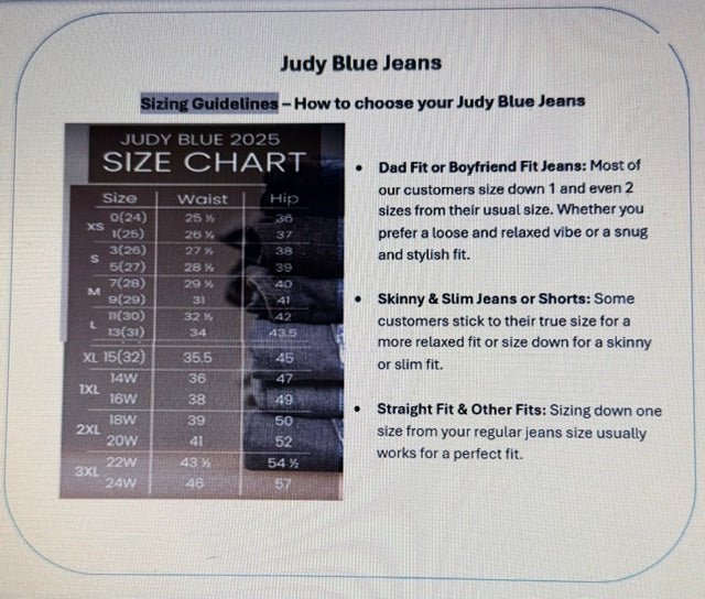 Size Chart. Judy Blue High Waist Button Fly Skinny Jeans (NP) | Nikki &amp; Co. Boutique