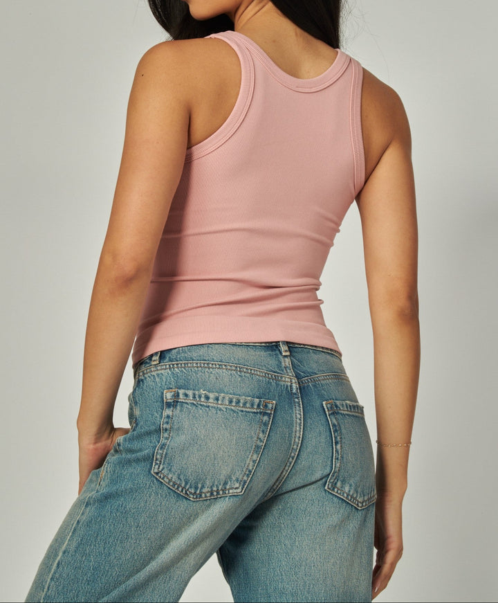 Fine ribbed seamless high neck tank top in Pink, back view, available in S/M and M/L. Fine Ribbed Seamless High Neck Tank Top (NP) - 9 colors | Nikki &amp; Co. Boutique