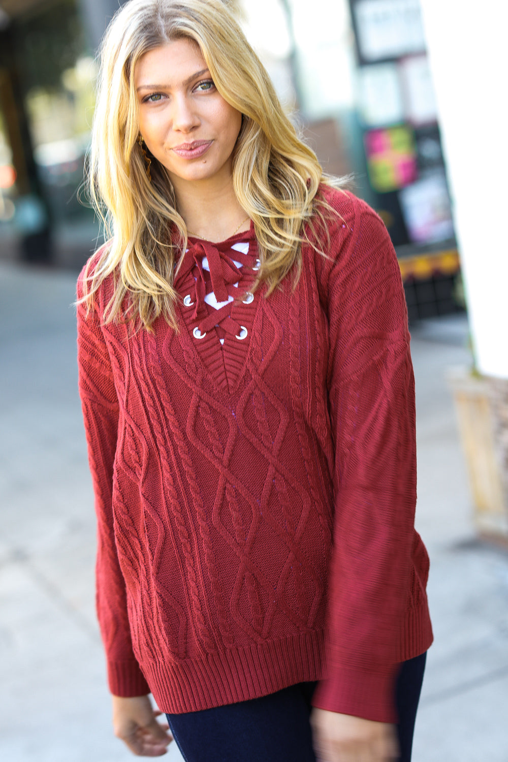 Fall Vibes Rust Cable Knit Lace Up V Neck Sweater | Nikki & Co. Boutique