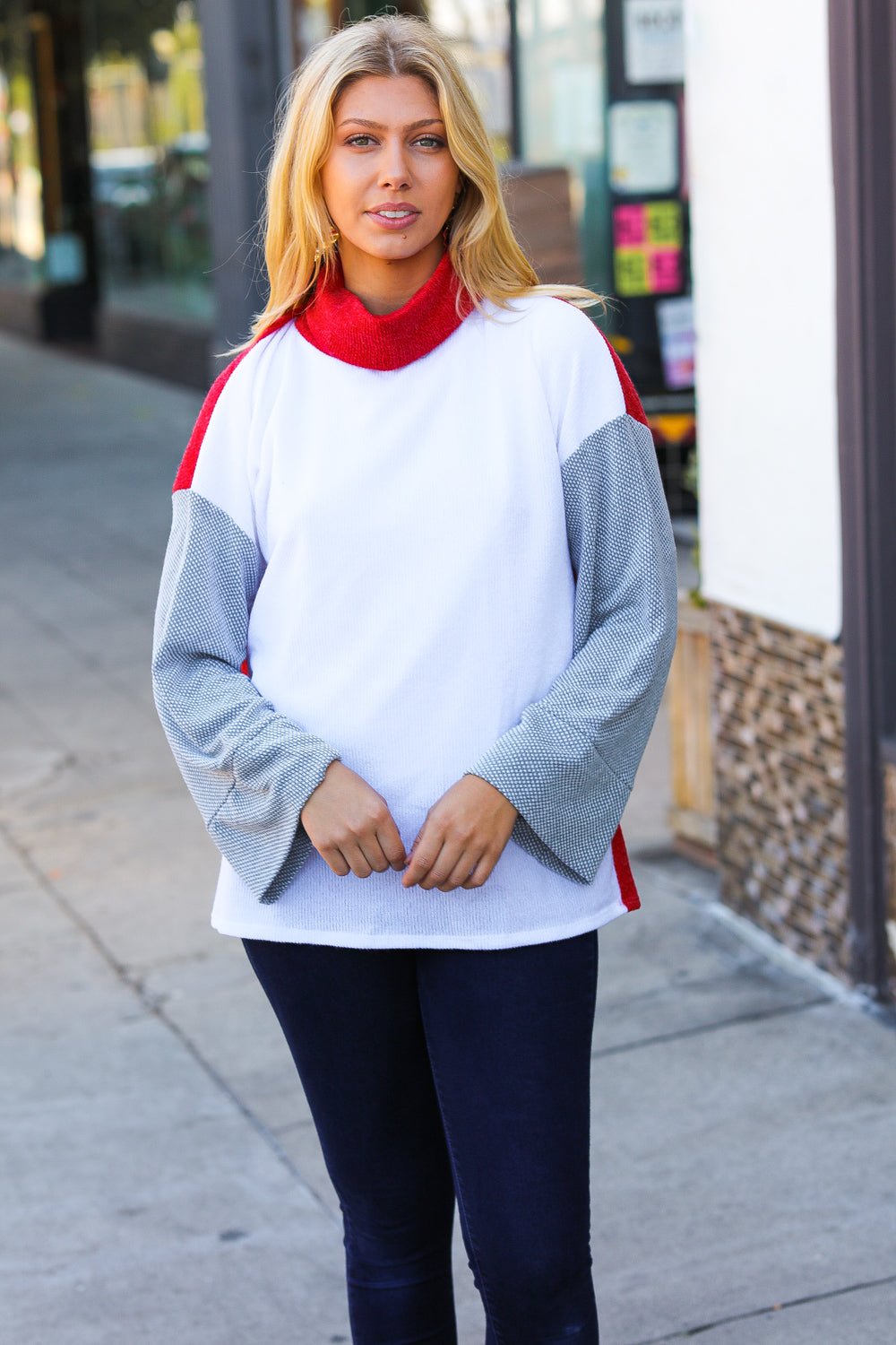 Red/White Hacci Color Block Jacquard Knit Turtleneck - Nikki and Co Boutique