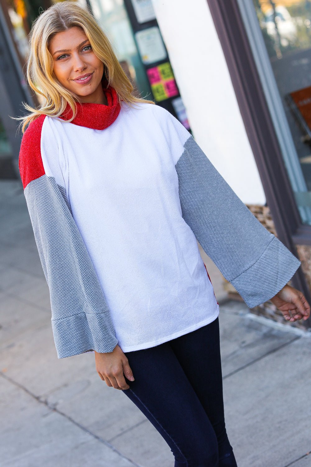 Red/White Hacci Color Block Jacquard Knit Turtleneck | Nikki & Co. Boutique