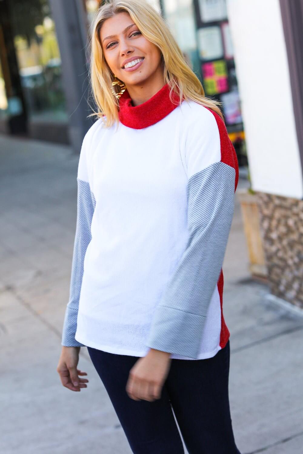 Red/White Hacci Color Block Jacquard Knit Turtleneck | Nikki &amp; Co. Boutique