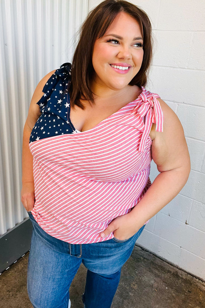 Stars &amp; Stripes V Neck Shoulder Tie Detail Tops | Nikki &amp; Co. Boutique