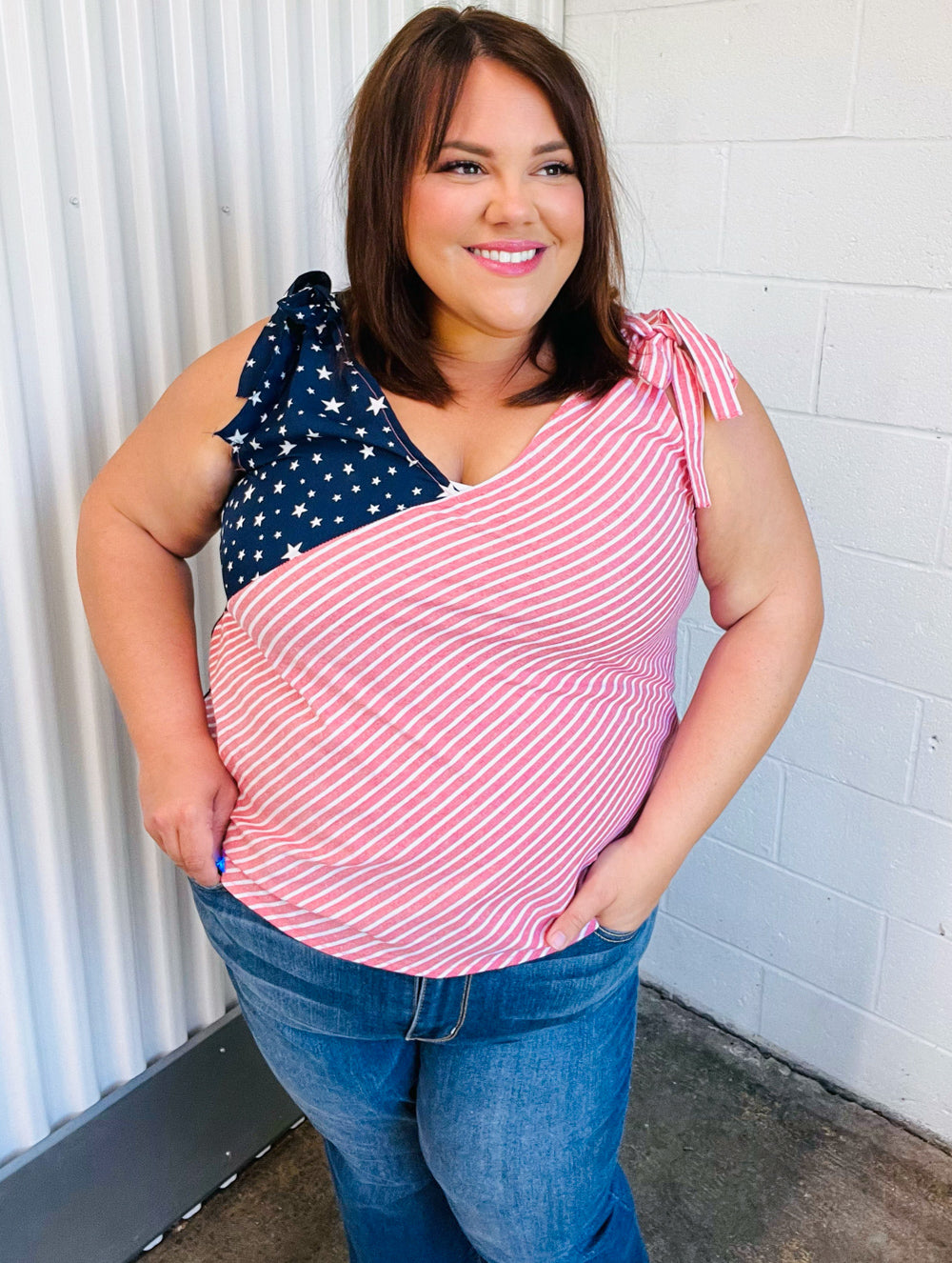 Stars &amp; Stripes V Neck Shoulder Tie Detail Tops | Nikki &amp; Co. Boutique