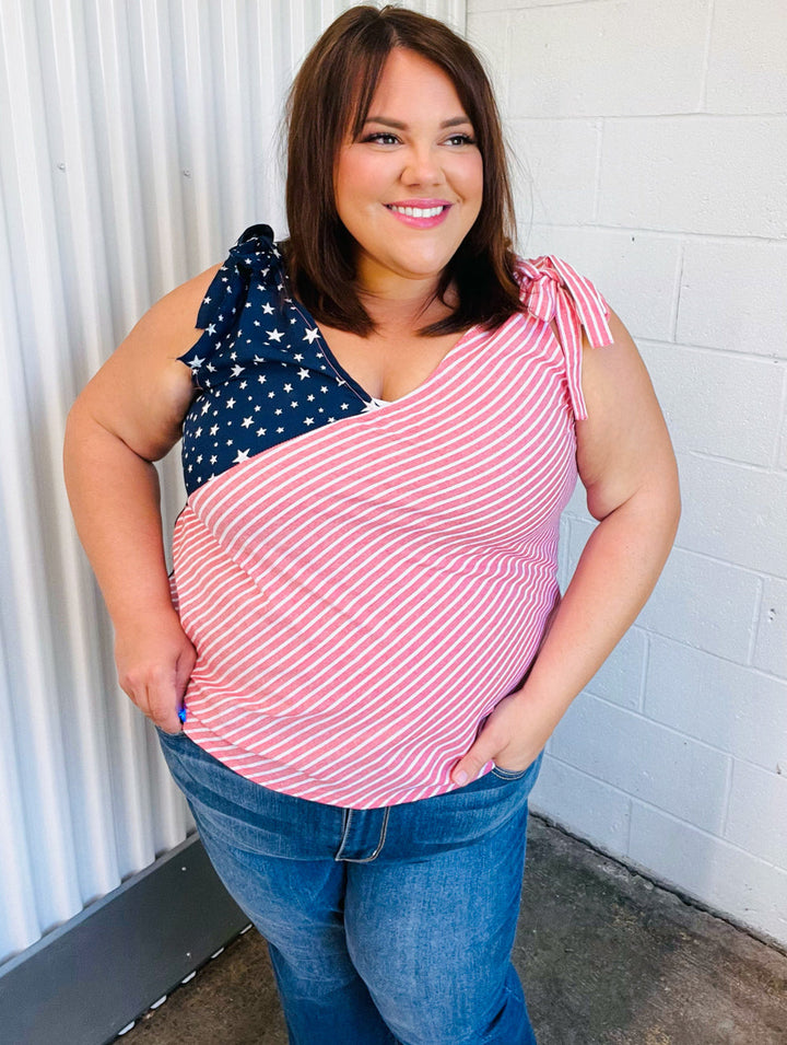 Stars &amp; Stripes V Neck Shoulder Tie Detail Tops | Nikki &amp; Co. Boutique