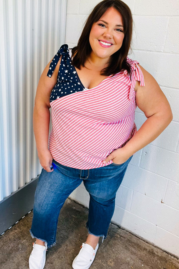 Stars &amp; Stripes V Neck Shoulder Tie Detail Tops | Nikki &amp; Co. Boutique