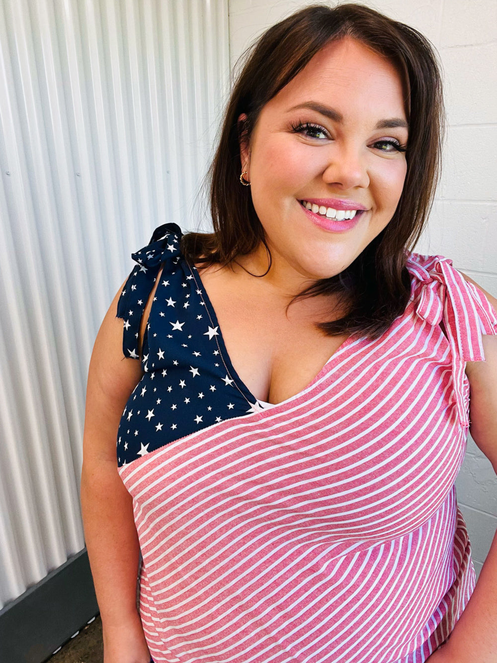 Stars &amp; Stripes V Neck Shoulder Tie Detail Tops | Nikki &amp; Co. Boutique