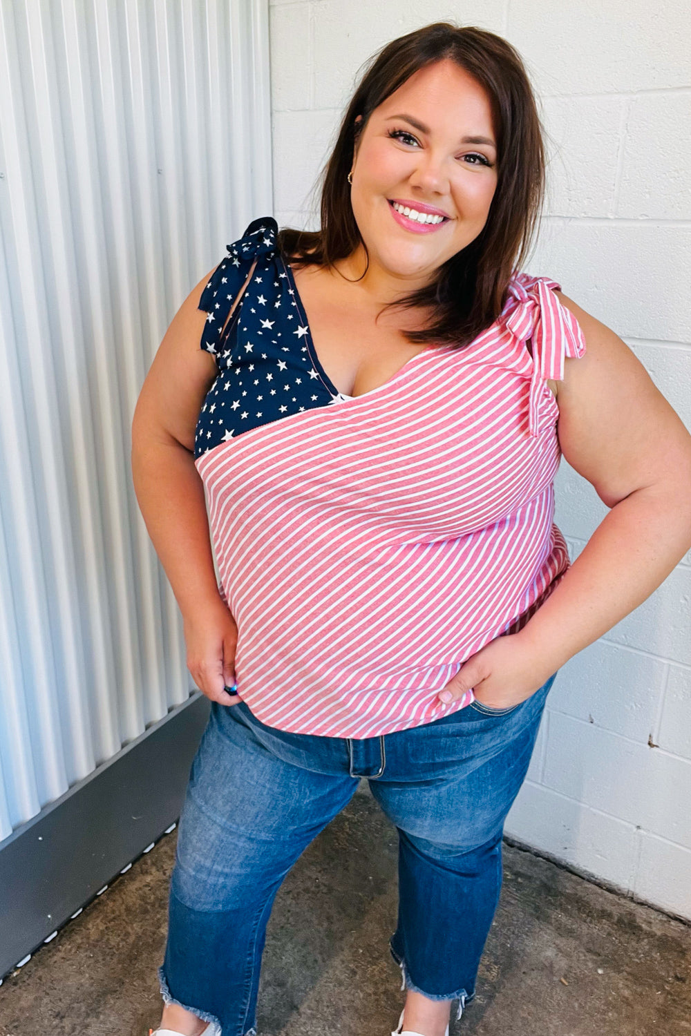 Stars &amp; Stripes V Neck Shoulder Tie Detail Tops | Nikki &amp; Co. Boutique