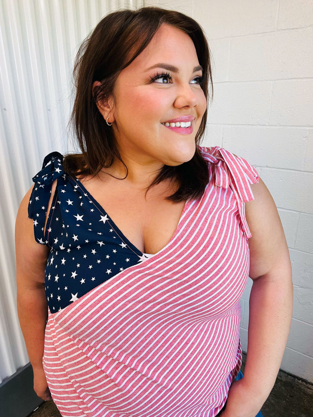 Stars &amp; Stripes V Neck Shoulder Tie Detail Tops | Nikki &amp; Co. Boutique