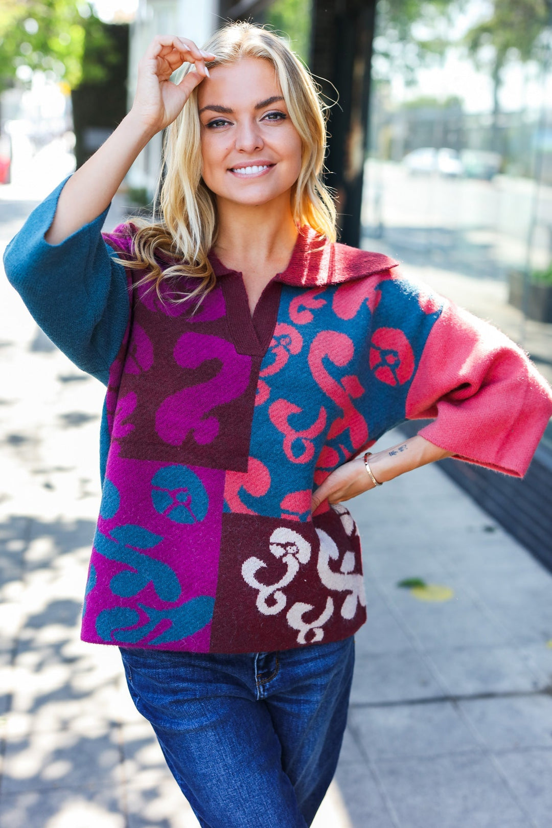 Feeling Your Best Wine Abstract Print Color Block Collar V Neck Sweater | Nikki & Co. Boutique
