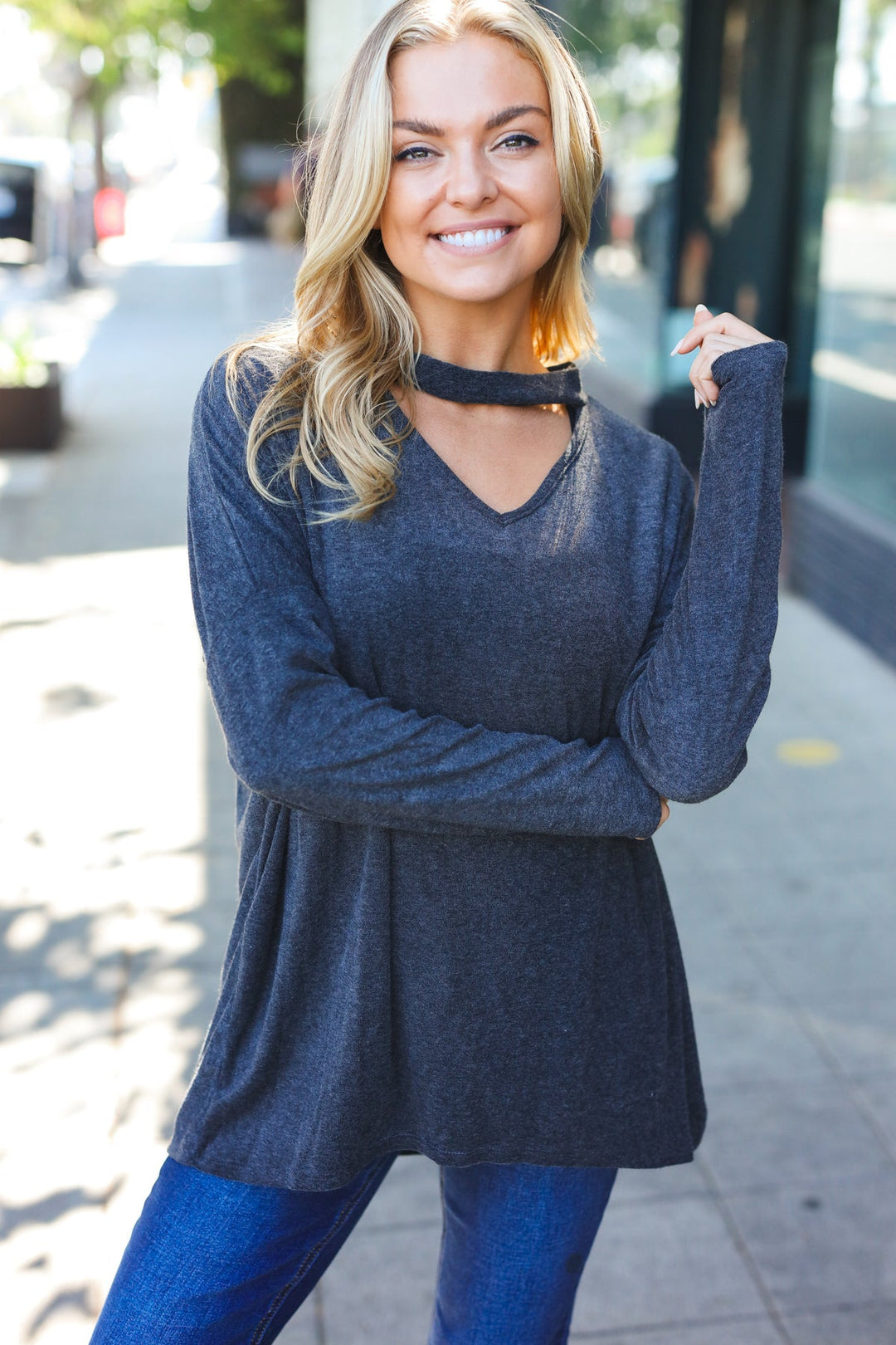 Casual Chic Solid Grey Choker Long Sleeve Hacci Pullover | Nikki &amp; Co. Boutique