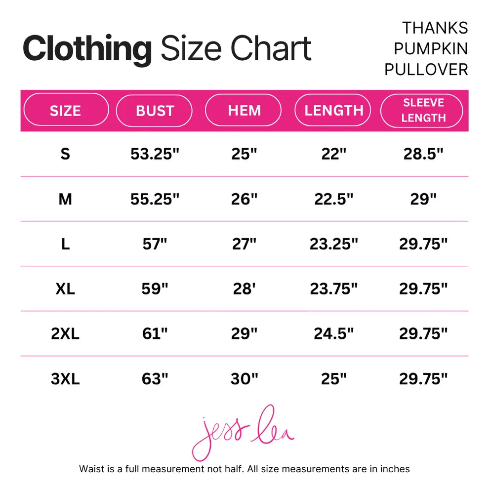 A clothing size chart table for a pullover, with columns for Size, Bust, HEM, Length, and Sleeve Length. The header reads &