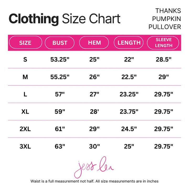 A clothing size chart table for a pullover, with columns for Size, Bust, HEM, Length, and Sleeve Length. The header reads &
