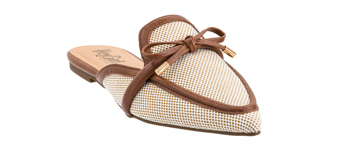 Beige slip-on shoe with brown mesh design and bow on a white background