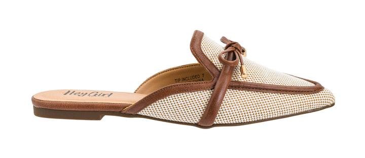 Beige mesh sandal with brown leather strap on a white background