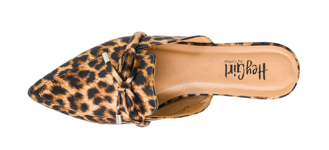 Leopard print slip-on shoe with a bow detail on a white background