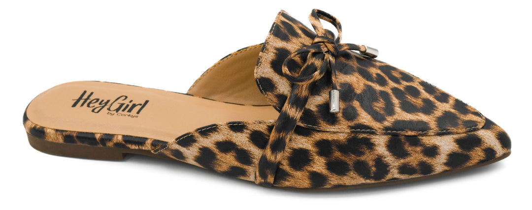 Leopard print slipper with a bow on a white background
