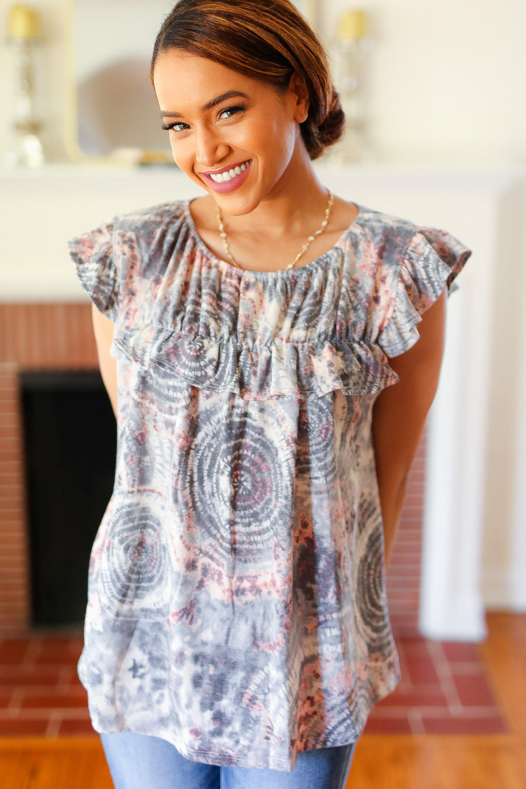 Everyday Gray &amp; Coral Tie Dye Frilled Shorts Sleeve Yoke Tops | Nikki &amp; Co. Boutique
