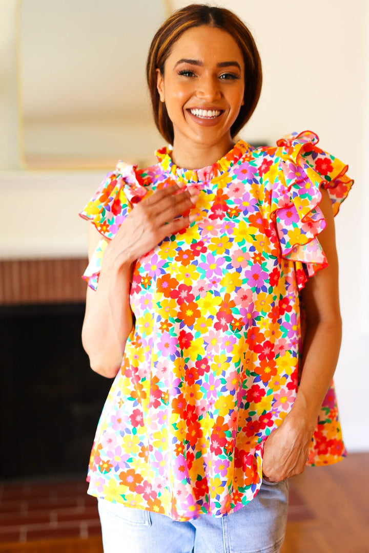 Flower Power Ivory &amp; Red Floral Mock Neck Flutter Sleeve Tops | Nikki &amp; Co. Boutique