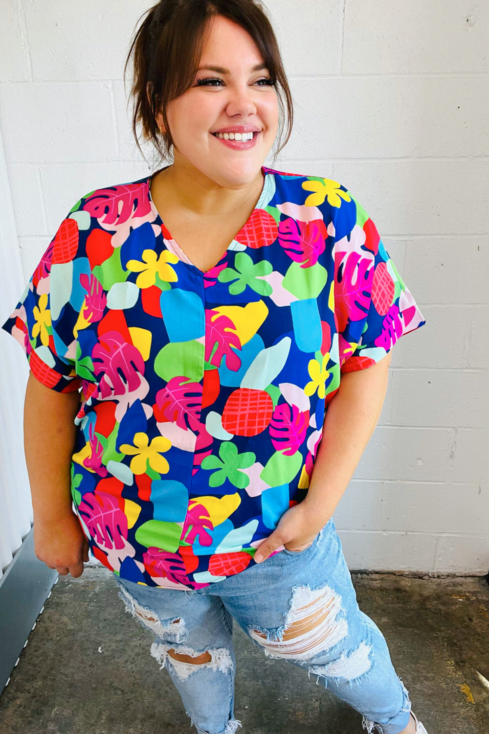 Time For Sun Navy Multicolor Tropical Print V Neck Tops | Nikki &amp; Co. Boutique