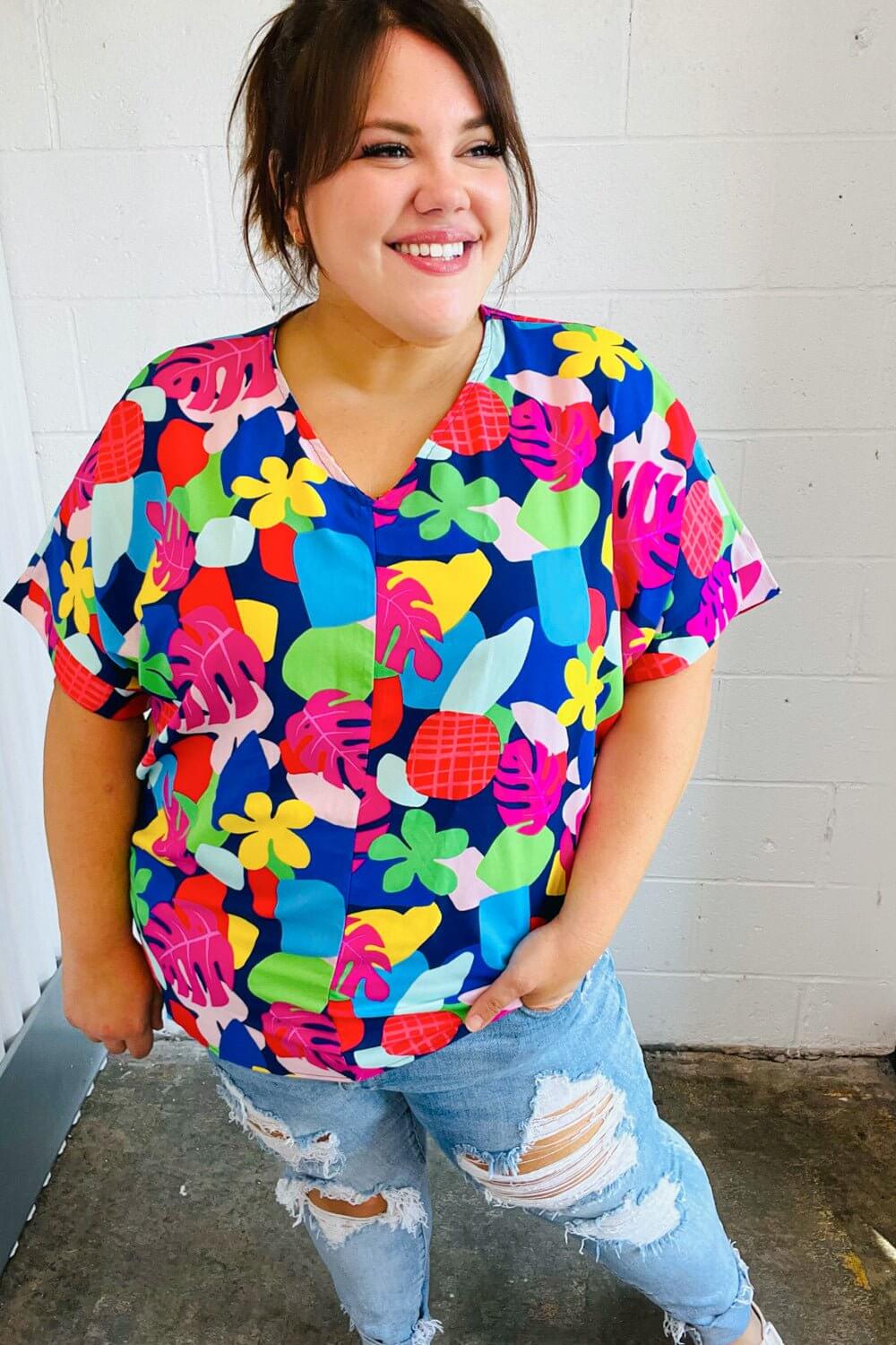 Time For Sun Navy Multicolor Tropical Print V Neck Top - Nikki & Co. Boutique