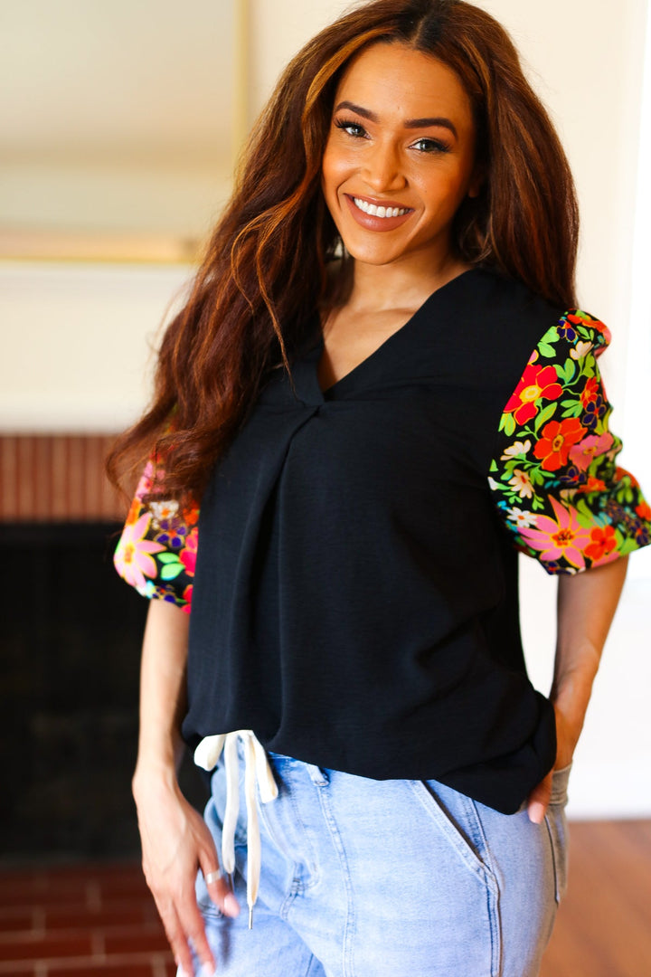 Eyes On You Black Floral Puff Sleeve V Neck Tops | Nikki &amp; Co. Boutique