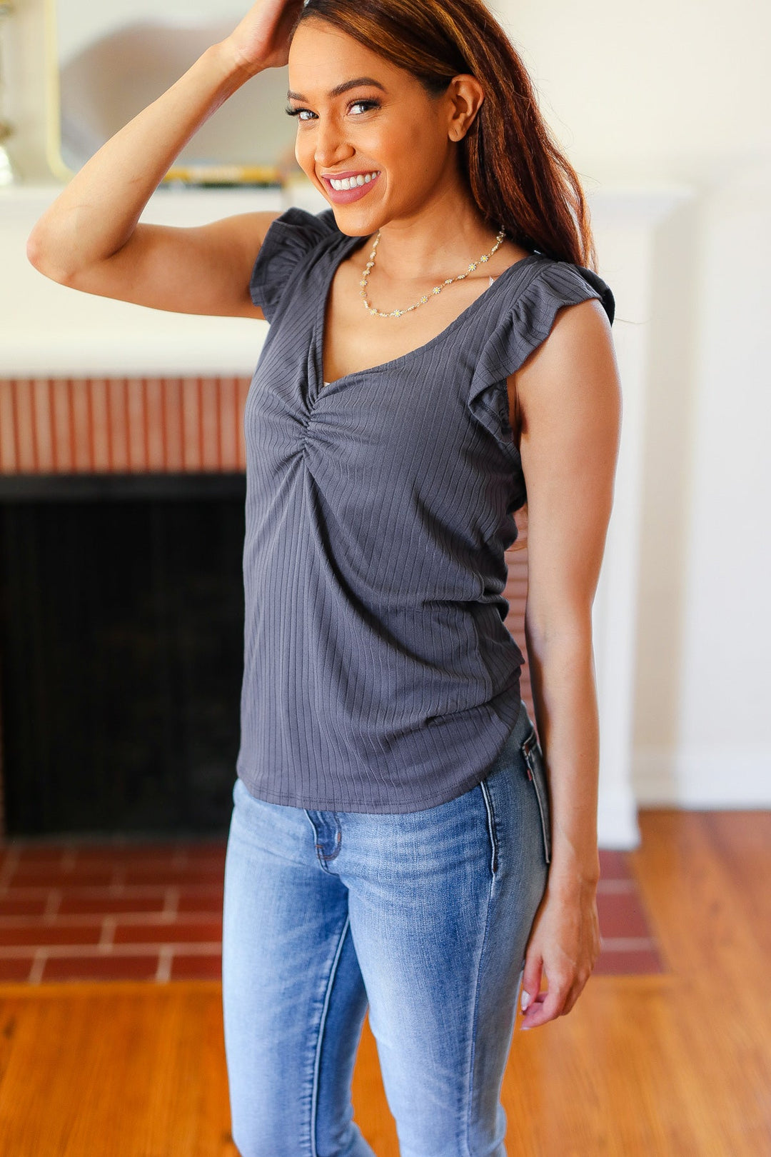 Sunny Days Charcoal Sweetheart Neckline Ribbed Tops | Nikki &amp; Co. Boutique