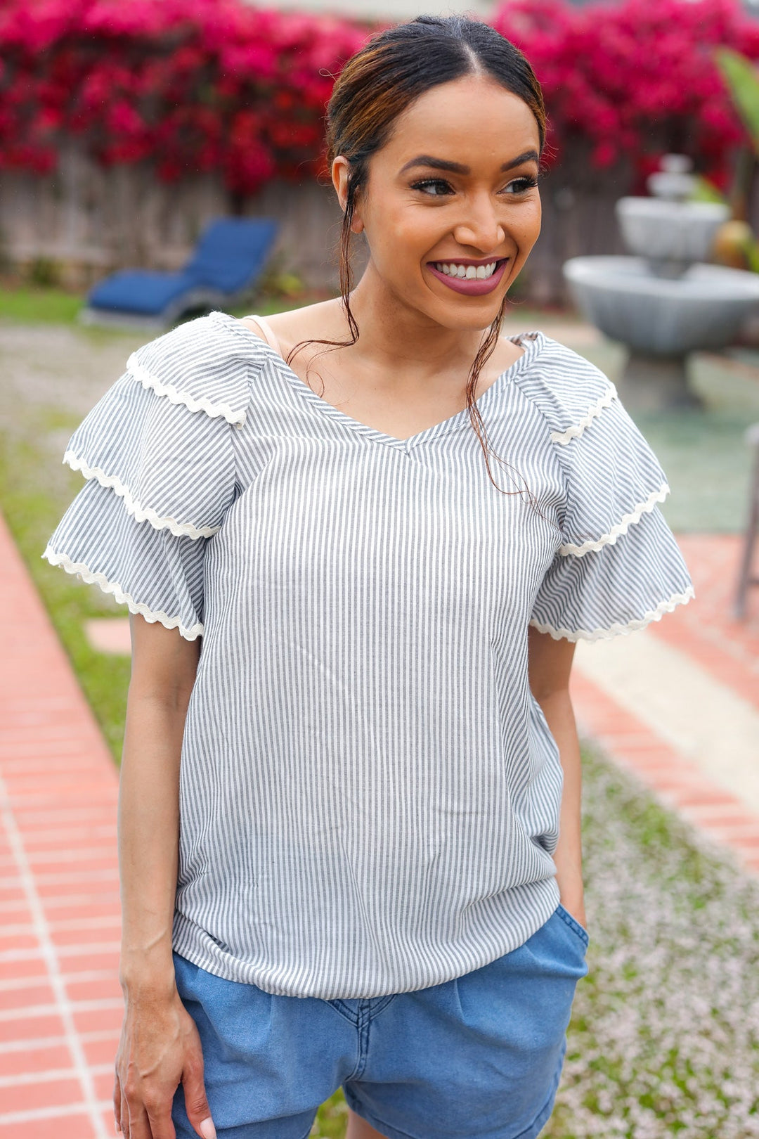 Lovely In Gray Stripe Tiered Ruffle Sleeve Ric Rac Trim Tops | Nikki &amp; Co. Boutique