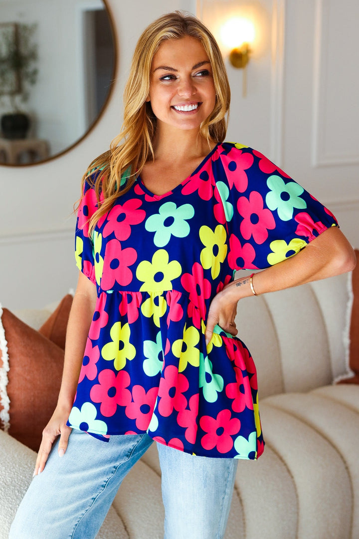 Sunny Days Navy Flat Floral Bubble Sleeve Babydoll Tops | Nikki &amp; Co. Boutique