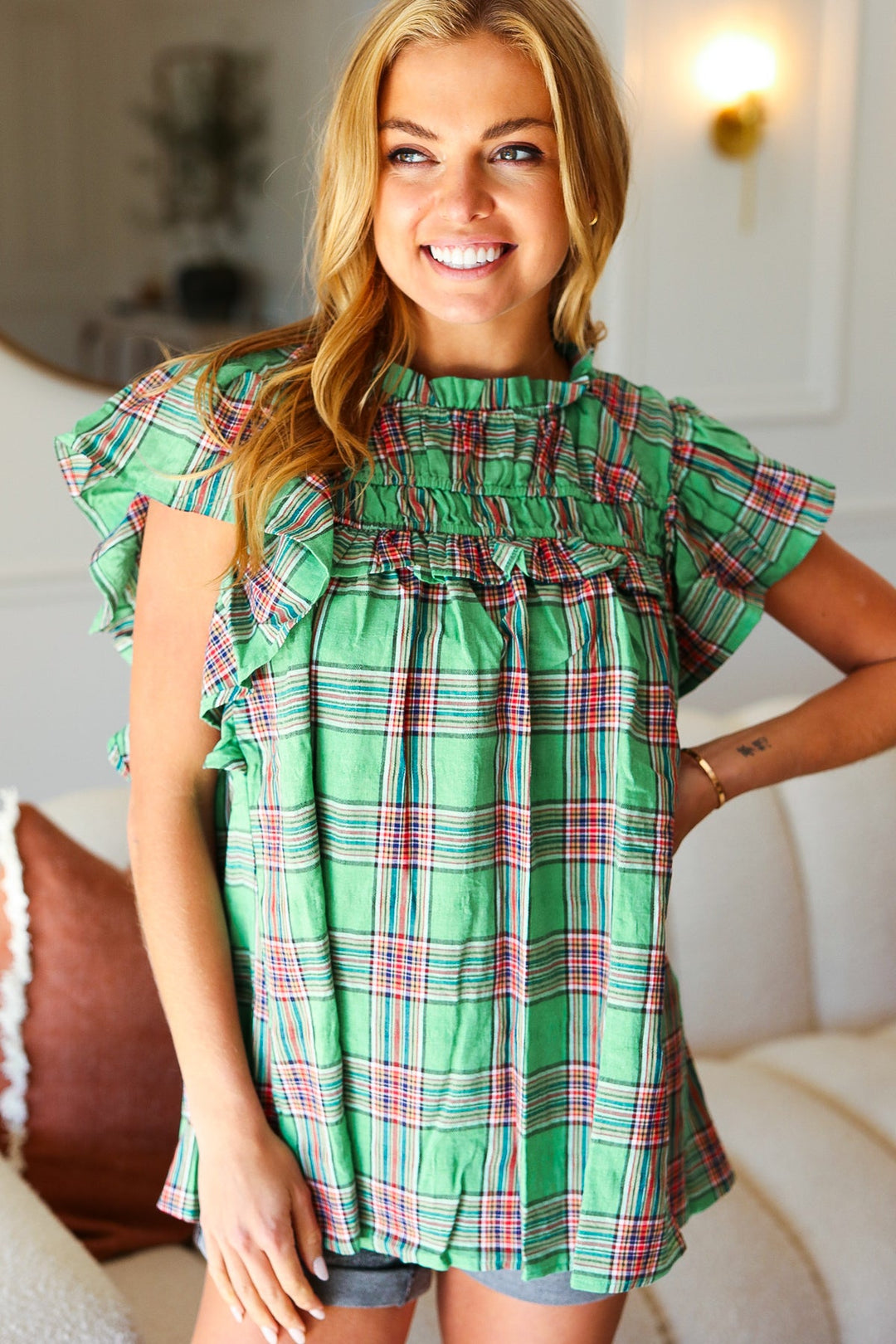 Live For Today Green Plaid Shirred Yoke Flutter Sleeve Tops | Nikki &amp; Co. Boutique