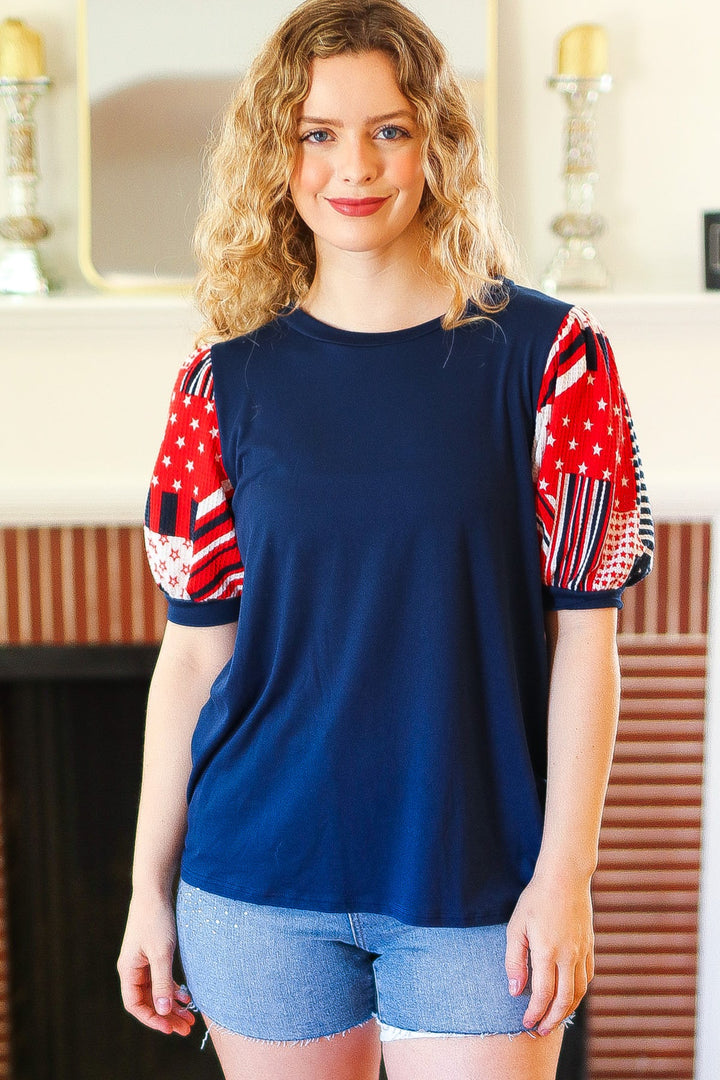 Stand-Out Navy Patriotic Patchwork Puff Sleeve Tops | Nikki &amp; Co. Boutique