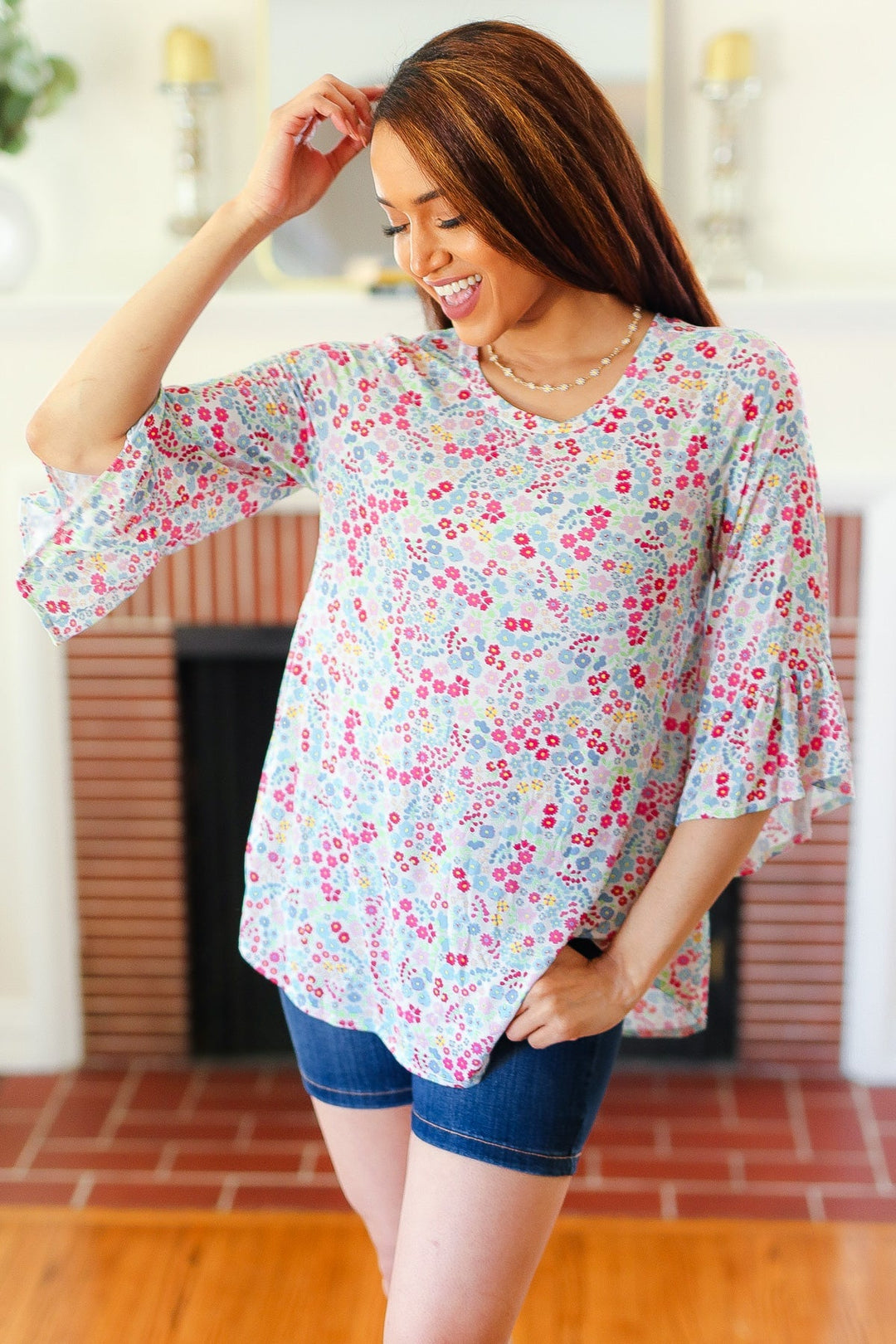 Feeling It Blue Floral Print Ruffle Three Quarter Sleeve Tops | Nikki &amp; Co. Boutique