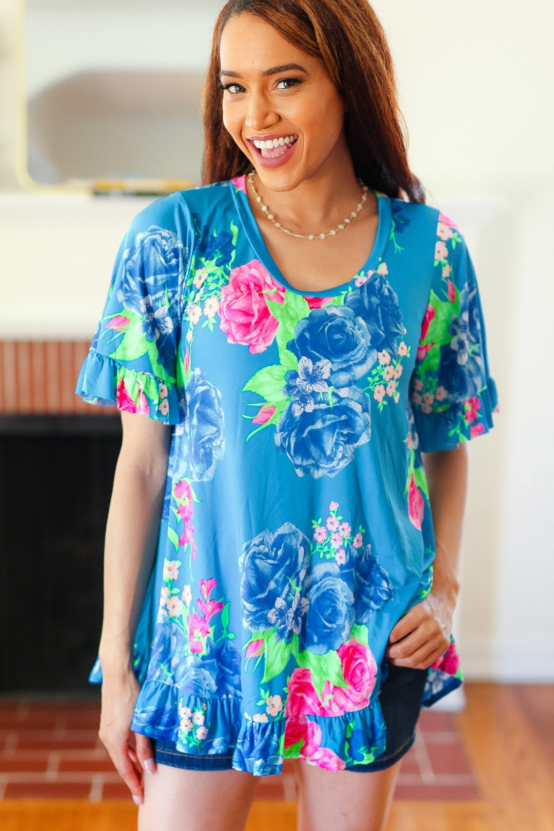 Feeling Playful Blue Floral Ruffle Sleeve &amp; Hem Tunic Top | Nikki &amp; Co. Boutique
