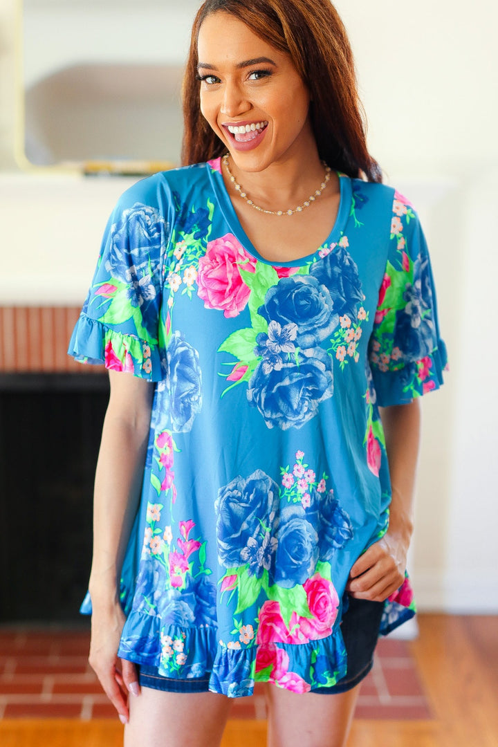 Feeling Playful Blue Floral Ruffle Sleeve &amp; Hem Tunic Top | Nikki &amp; Co. Boutique