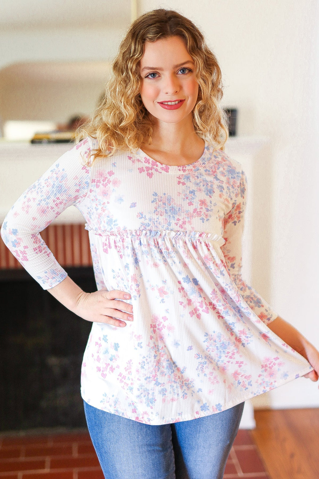 Feeling Fun Blue &amp; Pink Floral Ribbed Babydoll Ruffle Top | Nikki &amp; Co. Boutique