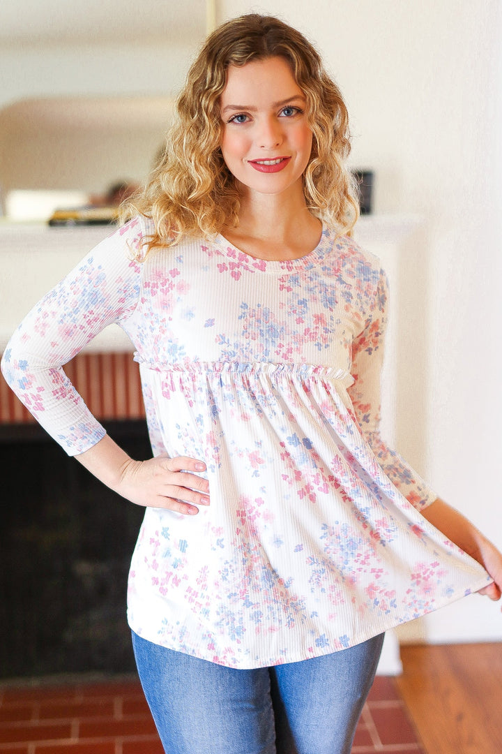 Feeling Fun Blue &amp; Pink Floral Ribbed Babydoll Ruffle Top | Nikki &amp; Co. Boutique