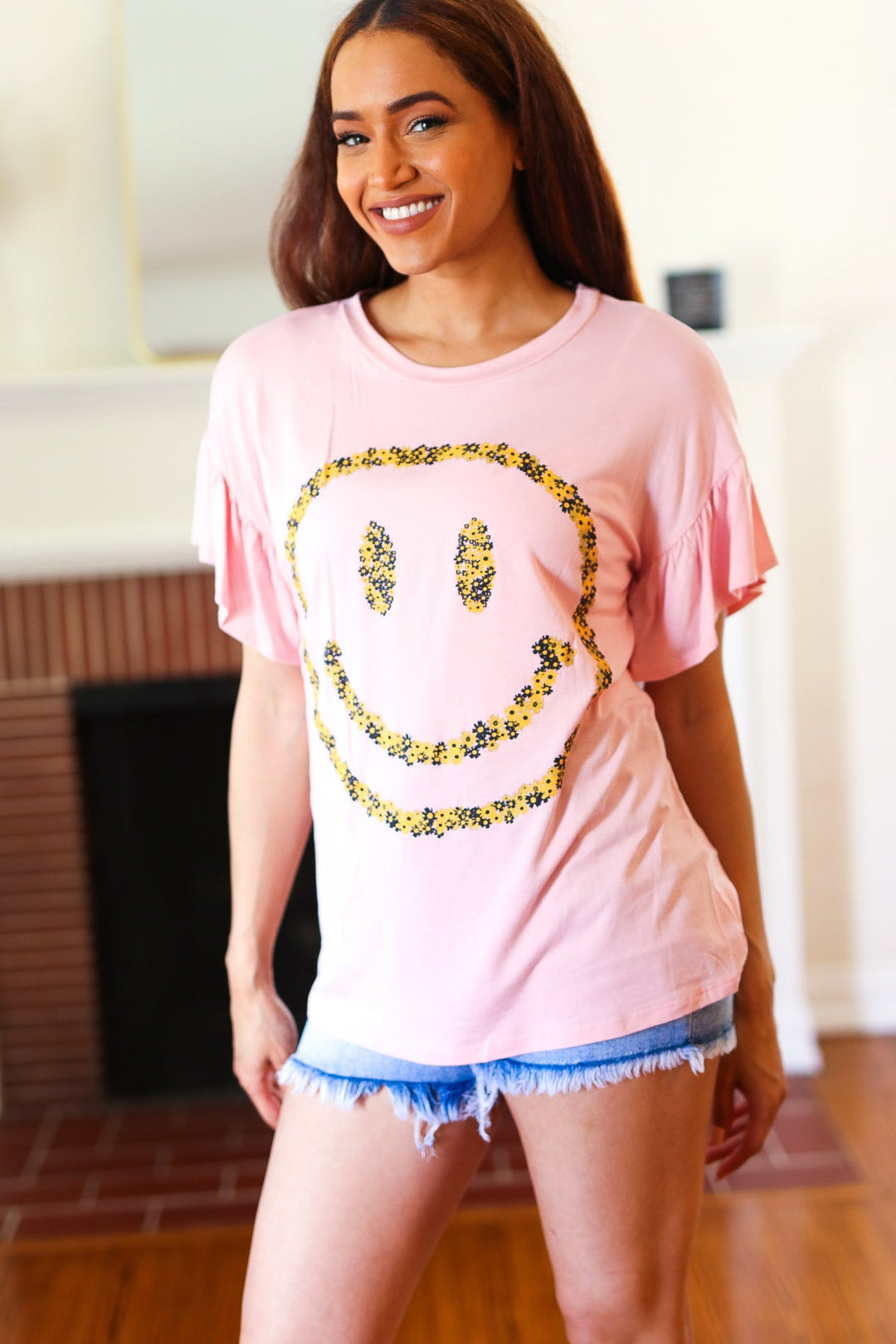 Live For Today Pink Floral Smiley Face Flutter Sleeve Tees | Nikki &amp; Co. Boutique