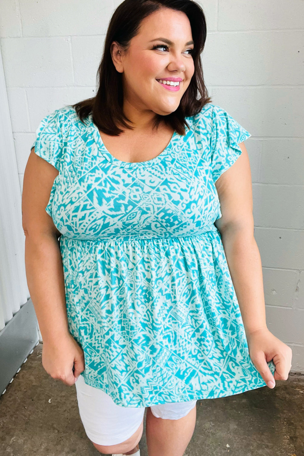 Aqua Boho Print Ruffle Shorts Sleeve Babydoll Tops | Nikki &amp; Co. Boutique