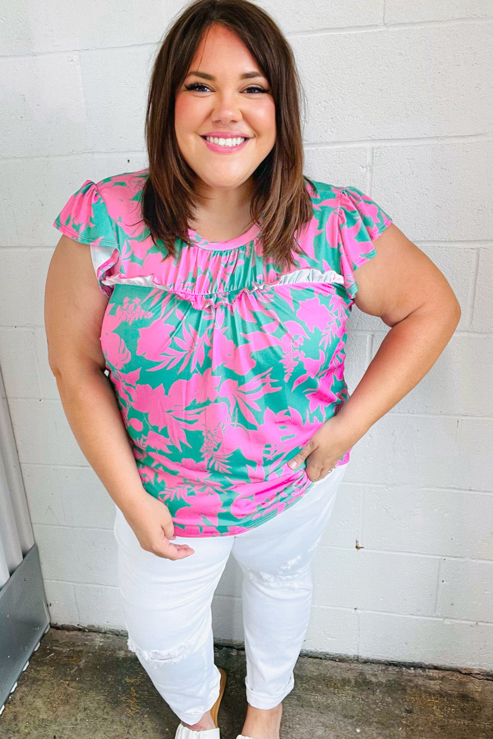 Pink &amp; Green Floral Print Frilled Shorts Sleeve Yoke Tops | Nikki &amp; Co. Boutique