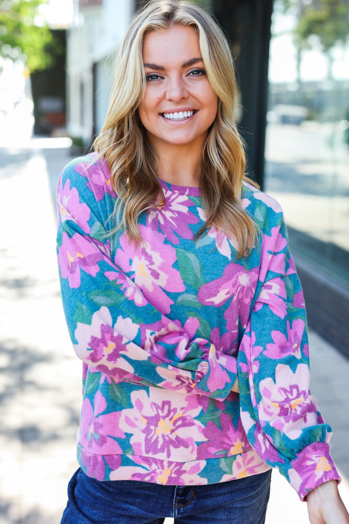 Feeling Femme Teal Floral Brushed Hacci Sweater Top | Nikki &amp; Co. Boutique